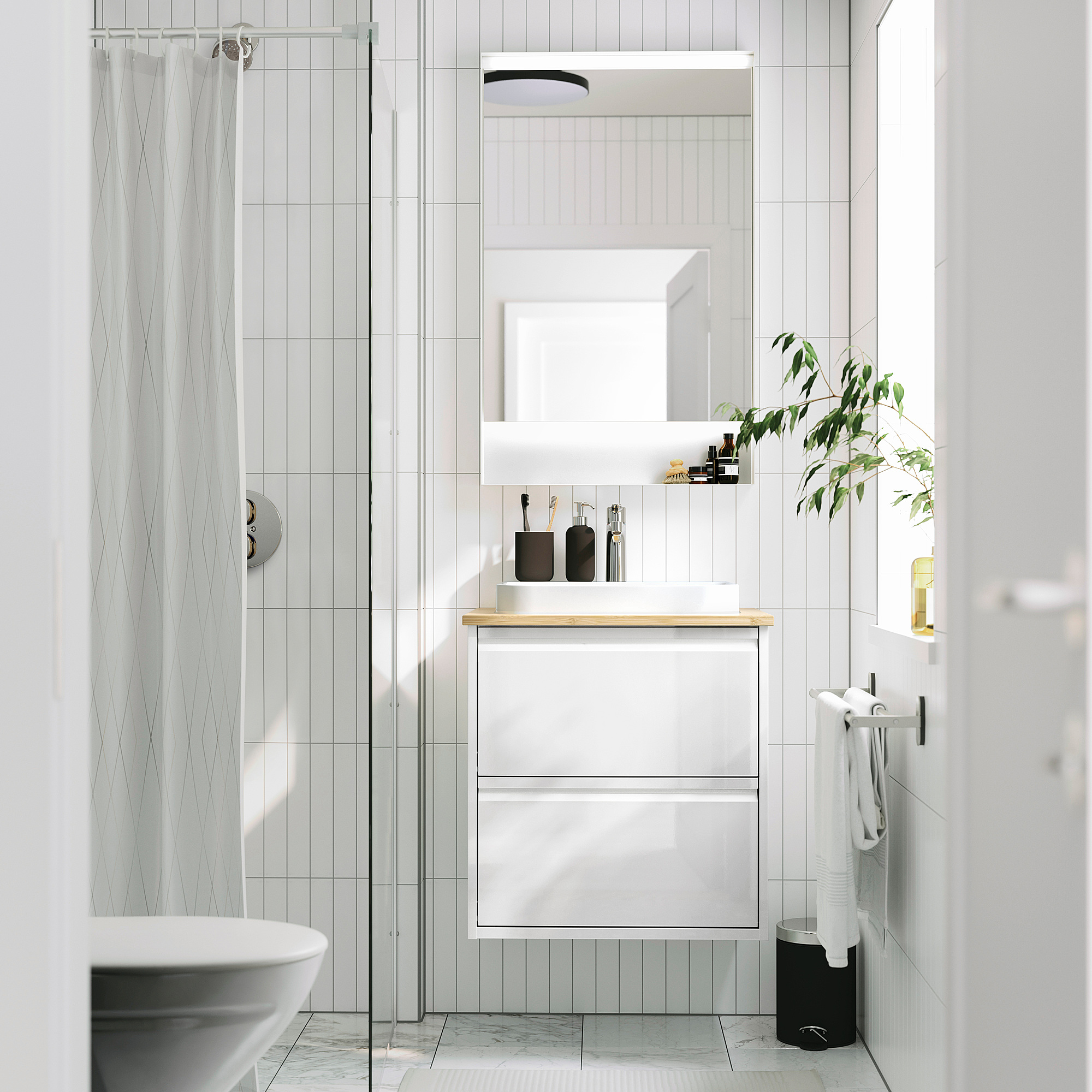ÄNGSJÖN / BACKSJÖN Bathroom vanity with sink & faucet, high gloss white/bamboo, 25x21 1/2x28 1/4 "