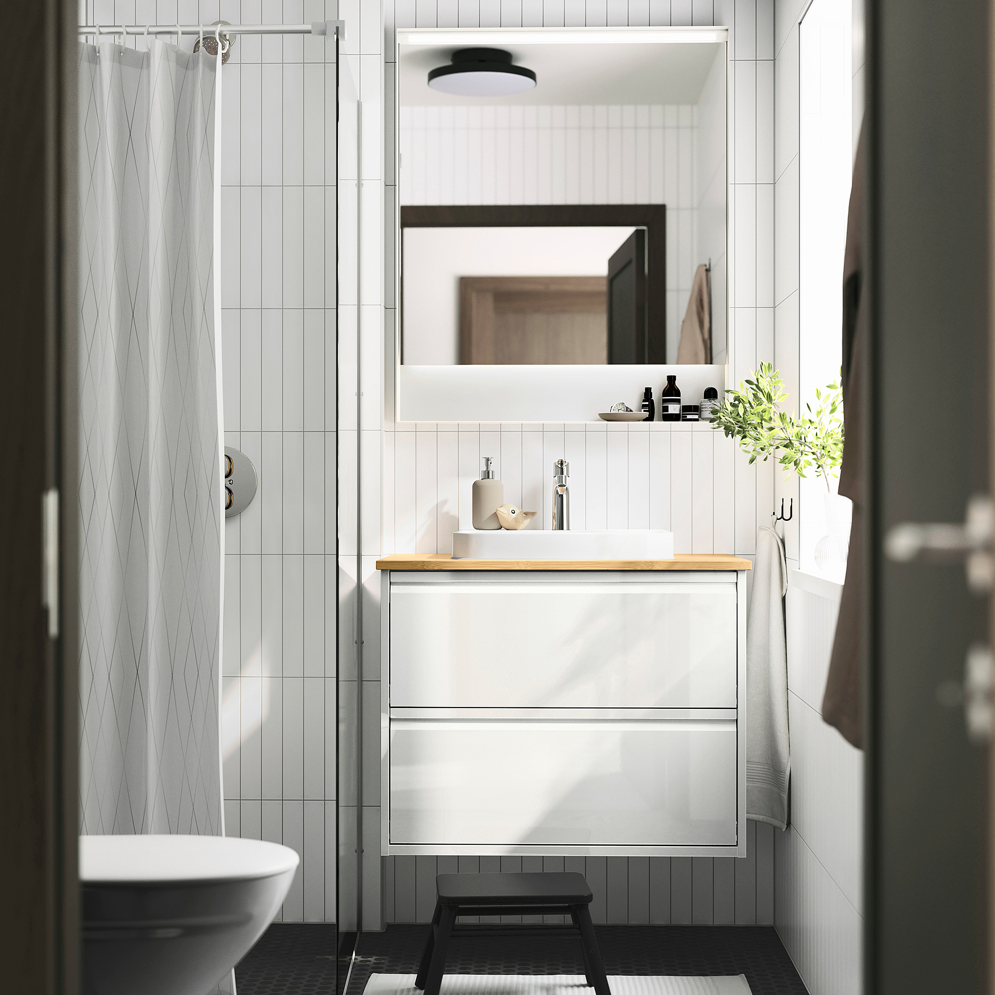 ÄNGSJÖN / BACKSJÖN Bathroom vanity with sink & faucet, high gloss white/bamboo, 31x21 1/2x28 1/4 "