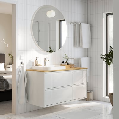 ÄNGSJÖN / BACKSJÖN Bathroom vanity with sink & faucet, high gloss white/bamboo, 49x21 1/2x28 1/4 "
