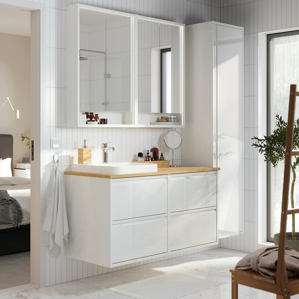 ÄNGSJÖN / BACKSJÖN Bathroom vanity with sink & faucet, high gloss white/bamboo, 49x21 1/2x28 1/4 "