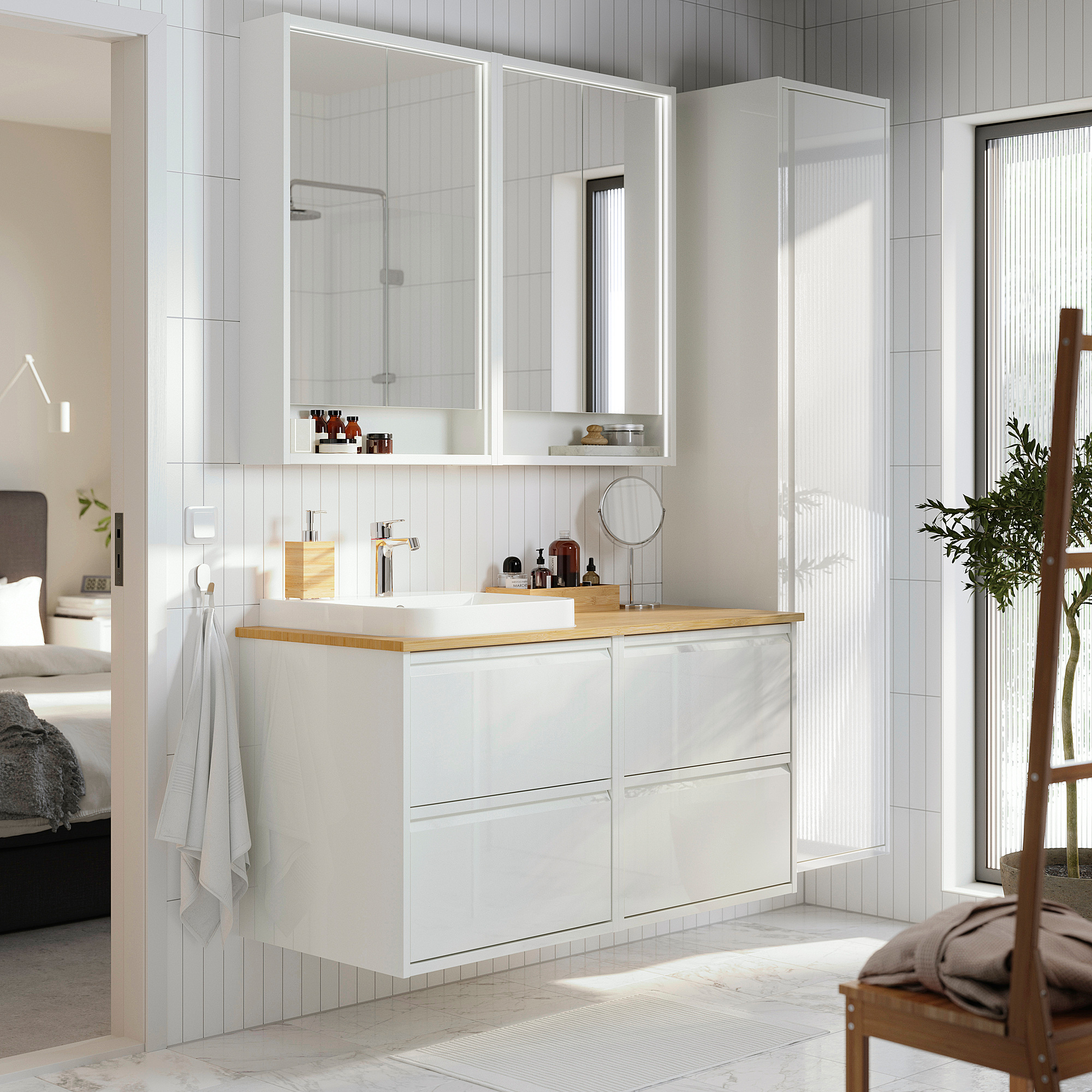 ÄNGSJÖN / BACKSJÖN Bathroom vanity with sink & faucet, high gloss white/bamboo, 49x21 1/2x28 1/4 "
