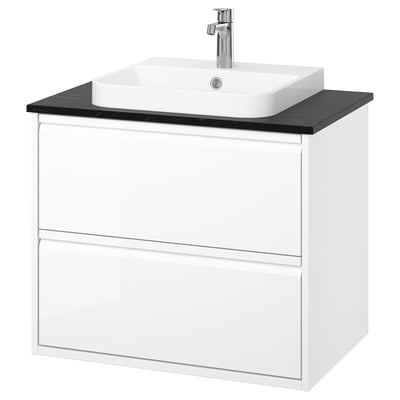 ÄNGSJÖN / BACKSJÖN Bathroom vanity with sink & faucet, high gloss white/black marble effect, 31x21 1/2x28 1/4 "