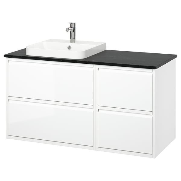 ÄNGSJÖN / BACKSJÖN Bathroom vanity with sink & faucet, high gloss white/black marble effect, 49x21 1/2x28 1/4 "