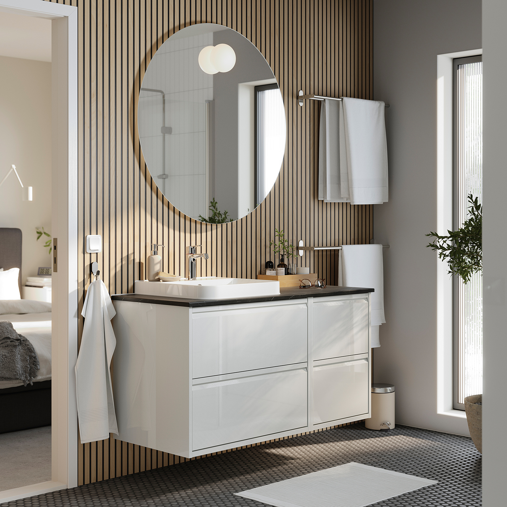 ÄNGSJÖN / BACKSJÖN Bathroom vanity with sink & faucet, high gloss white/black marble effect, 49x21 1/2x28 1/4 "