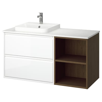 ÄNGSJÖN / BACKSJÖN Bathroom vanity with sink & faucet, high-gloss white/brown oak effect/white marble effect, 49x21 1/2x28 1/4 "