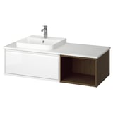 ÄNGSJÖN / BACKSJÖN Bathroom vanity with sink & faucet, high-gloss white/brown oak effect/white marble effect, 49x21 1/2x16 1/4 "