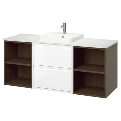 ÄNGSJÖN / BACKSJÖN Bathroom vanity with sink & faucet, high-gloss white/brown oak effect/white marble effect, 61x21 1/2x28 1/4 "