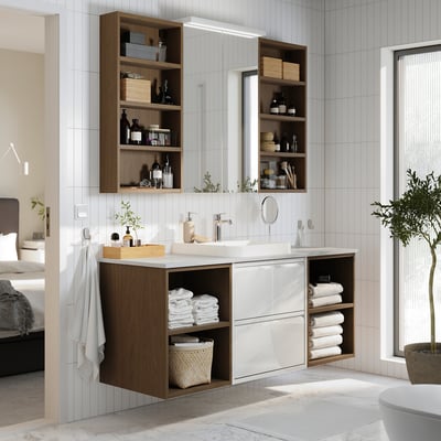 ÄNGSJÖN / BACKSJÖN Bathroom vanity with sink & faucet, high-gloss white/brown oak effect/white marble effect, 61x21 1/2x28 1/4 "