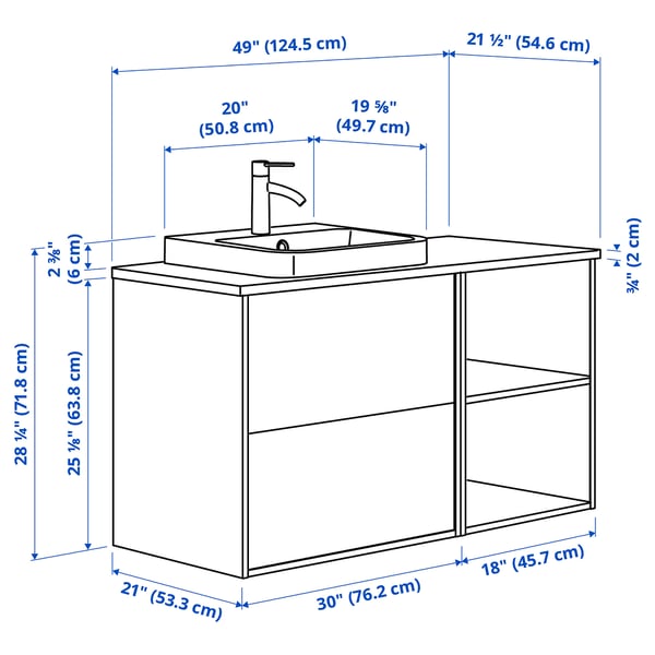 ÄNGSJÖN / BACKSJÖN Bathroom vanity with sink & faucet, high-gloss white/brown oak effect/white marble effect, 49x21 1/2x28 1/4 "