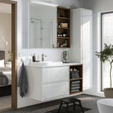 ÄNGSJÖN / BACKSJÖN Bathroom vanity with sink & faucet, high-gloss white/brown oak effect/white marble effect, 49x21 1/2x28 1/4 "