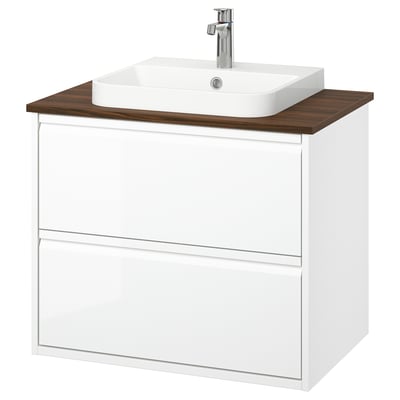ÄNGSJÖN / BACKSJÖN Bathroom vanity with sink & faucet, high gloss white/brown walnut effect, 31x21 1/2x28 1/4 "