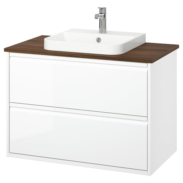 ÄNGSJÖN / BACKSJÖN Bathroom vanity with sink & faucet, high gloss white/brown walnut effect, 37x21 1/2x28 1/4 "