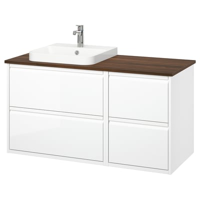 ÄNGSJÖN white bathroom cabinet, 4 drawers, wooden top, wall-mount, modern look.