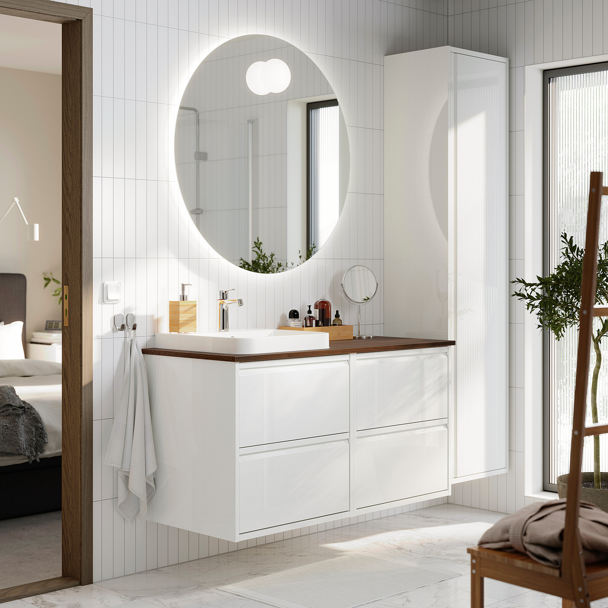 ÄNGSJÖN / BACKSJÖN Bathroom vanity with sink & faucet, high gloss white/brown walnut effect, 49x21 1/2x28 1/4 "