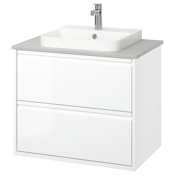 ÄNGSJÖN / BACKSJÖN Bathroom vanity with sink & faucet, high gloss white/gray stone effect, 31x21 1/2x28 1/4 "