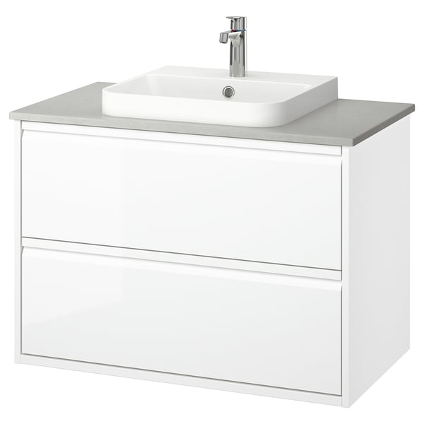 ÄNGSJÖN / BACKSJÖN Bathroom vanity with sink & faucet, high gloss white/gray stone effect, 37x21 1/2x28 1/4 "