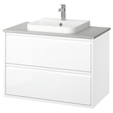 ÄNGSJÖN / BACKSJÖN Bathroom vanity with sink & faucet, high gloss white/gray stone effect, 37x21 1/2x28 1/4 "