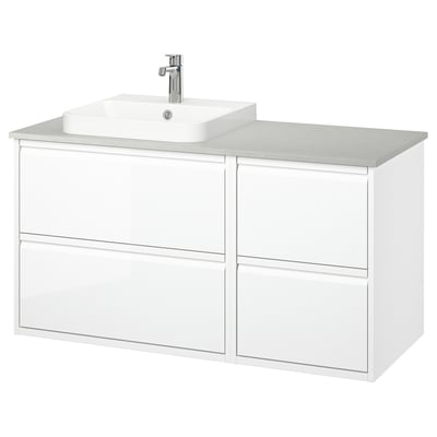 ÄNGSJÖN / BACKSJÖN Bathroom vanity with sink & faucet, high gloss white/gray stone effect, 49x21 1/2x28 1/4 "