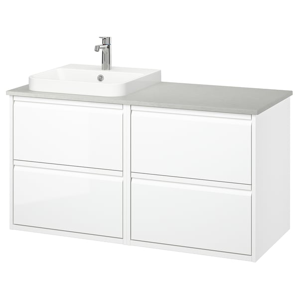 ÄNGSJÖN / BACKSJÖN Bathroom vanity with sink & faucet, high gloss white/gray stone effect, 49x21 1/2x28 1/4 "