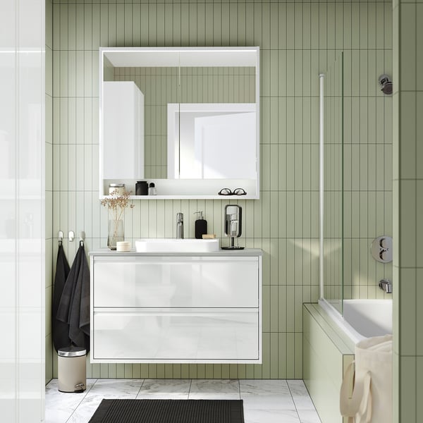 ÄNGSJÖN / BACKSJÖN Bathroom vanity with sink & faucet, high gloss white/gray stone effect, 37x21 1/2x28 1/4 "