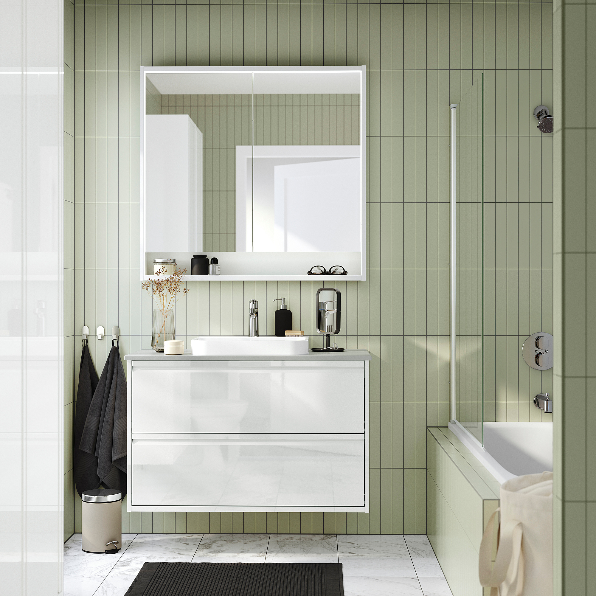 ÄNGSJÖN / BACKSJÖN Bathroom vanity with sink & faucet, high gloss white/gray stone effect, 37x21 1/2x28 1/4 "