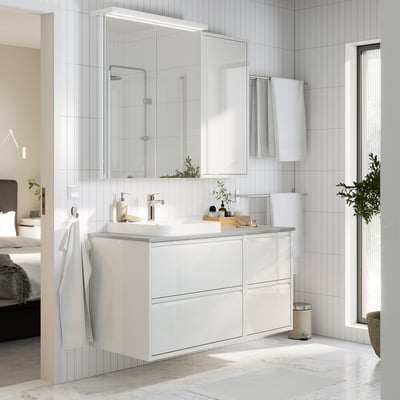 ÄNGSJÖN / BACKSJÖN Bathroom vanity with sink & faucet, high gloss white/gray stone effect, 49x21 1/2x28 1/4 "