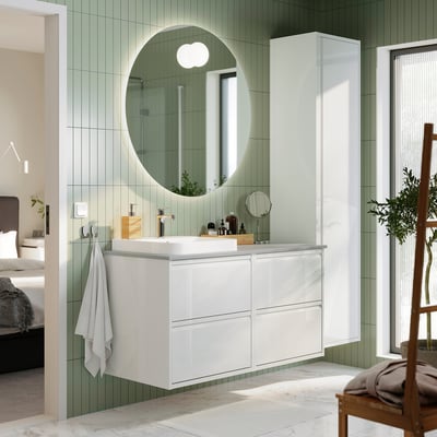 ÄNGSJÖN / BACKSJÖN Bathroom vanity with sink & faucet, high gloss white/gray stone effect, 49x21 1/2x28 1/4 "