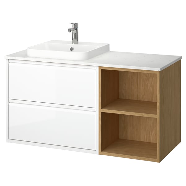 ÄNGSJÖN / BACKSJÖN Bathroom vanity with sink & faucet, high-gloss white/oak effect/white marble effect, 49x21 1/2x28 1/4 "