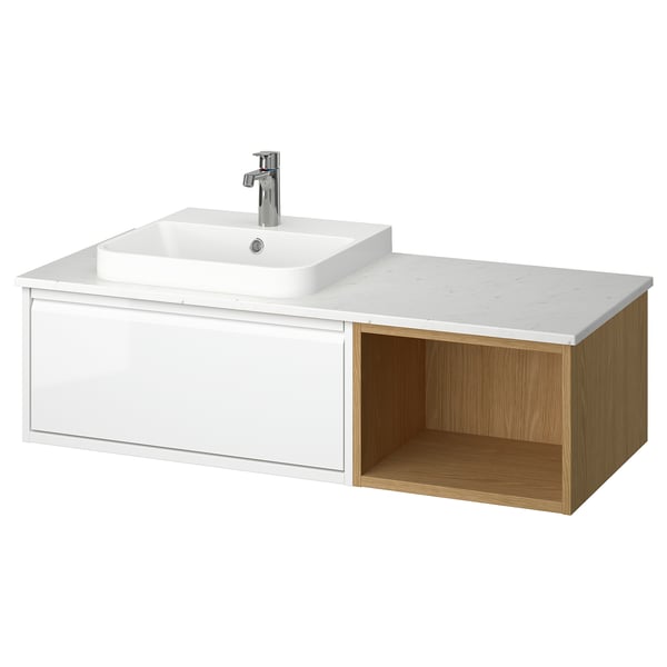 ÄNGSJÖN / BACKSJÖN Bathroom vanity with sink & faucet, high-gloss white/oak effect/white marble effect, 49x21 1/2x16 1/4 "