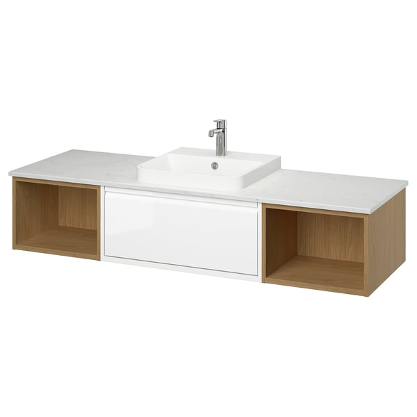 ÄNGSJÖN / BACKSJÖN Bathroom vanity with sink & faucet, high-gloss white/oak effect/white marble effect, 67x21 1/2x16 1/4 "