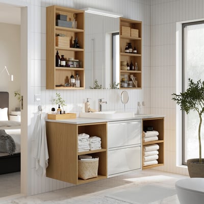 ÄNGSJÖN / BACKSJÖN Bathroom vanity with sink & faucet, high-gloss white/oak effect/white marble effect, 61x21 1/2x28 1/4 "
