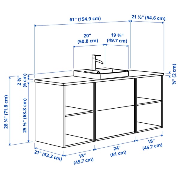 ÄNGSJÖN / BACKSJÖN Bathroom vanity with sink & faucet, high-gloss white/oak effect/white marble effect, 61x21 1/2x28 1/4 "