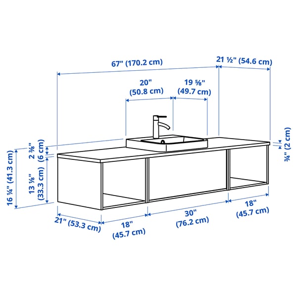 ÄNGSJÖN / BACKSJÖN Bathroom vanity with sink & faucet, high-gloss white/oak effect/white marble effect, 67x21 1/2x16 1/4 "