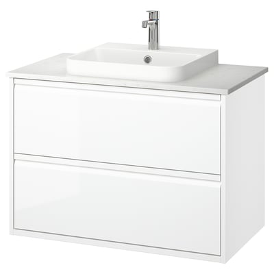 ÄNGSJÖN / BACKSJÖN Bathroom vanity with sink & faucet, high gloss white/white marble effect, 37x21 1/2x28 1/4 "