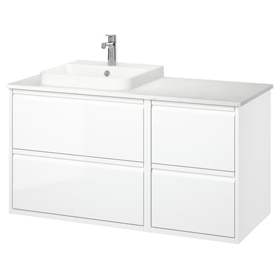 ÄNGSJÖN / BACKSJÖN Bathroom vanity with sink & faucet, high gloss white/white marble effect, 49x21 1/2x28 1/4 "