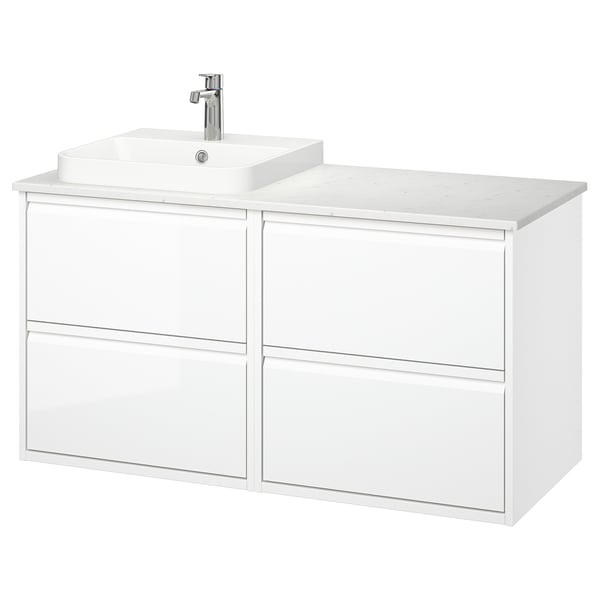 ÄNGSJÖN / BACKSJÖN Bathroom vanity with sink & faucet, high gloss white/white marble effect, 49x21 1/2x28 1/4 "