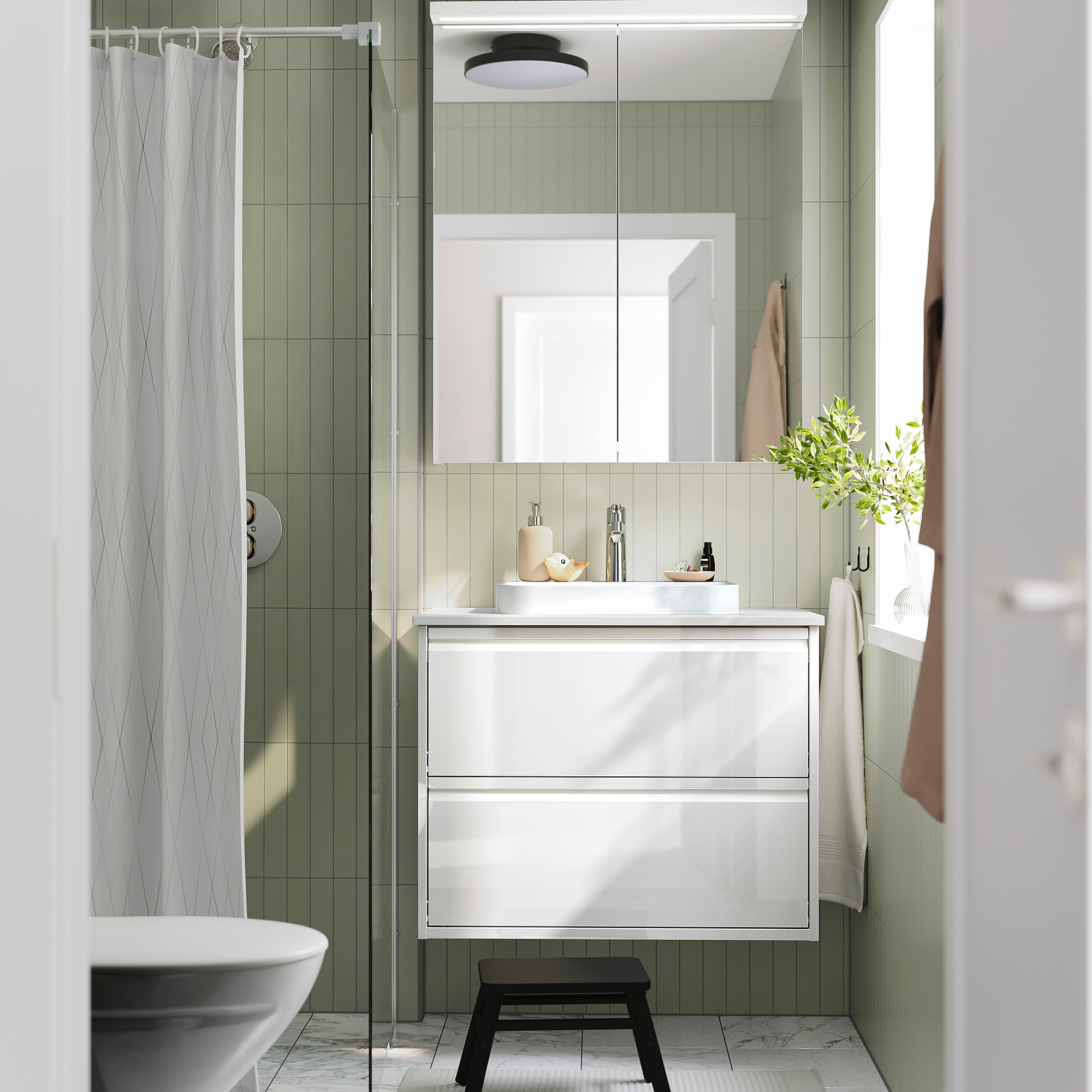 ÄNGSJÖN / BACKSJÖN Bathroom vanity with sink & faucet, high gloss white/white marble effect, 31x21 1/2x28 1/4 "