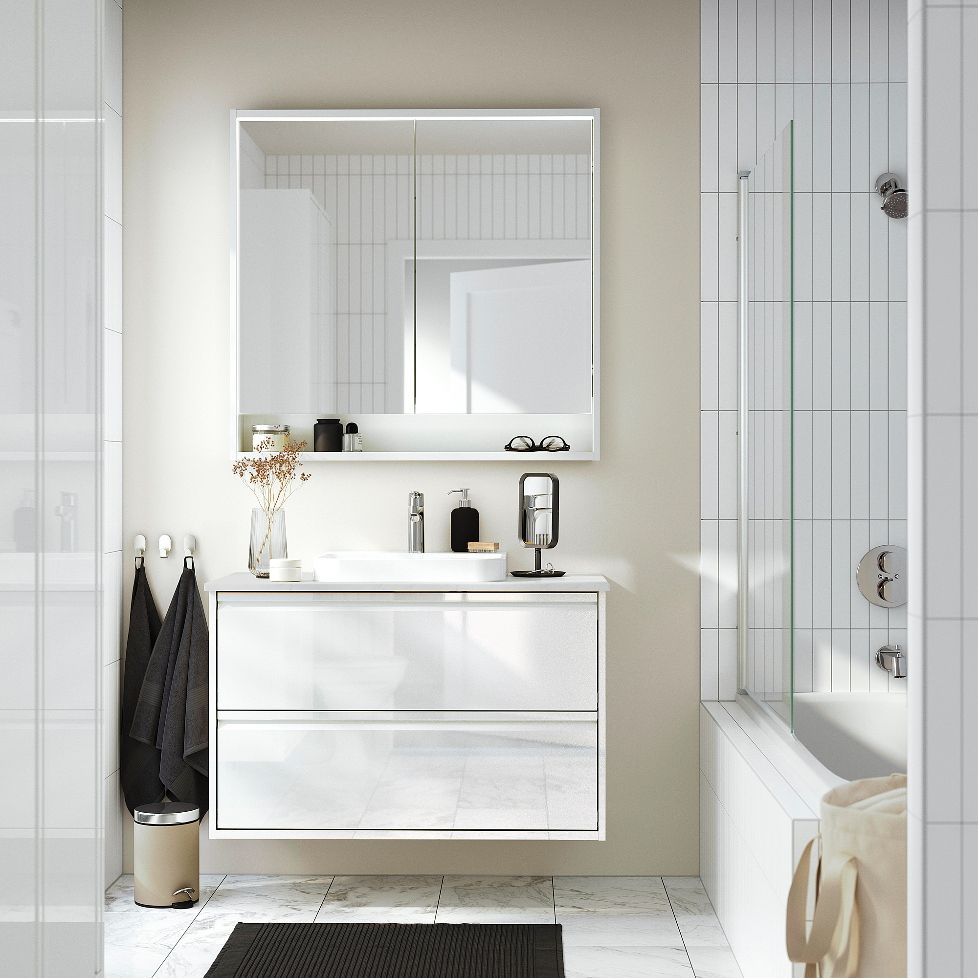 ÄNGSJÖN / BACKSJÖN Bathroom vanity with sink & faucet, high gloss white/white marble effect, 37x21 1/2x28 1/4 "