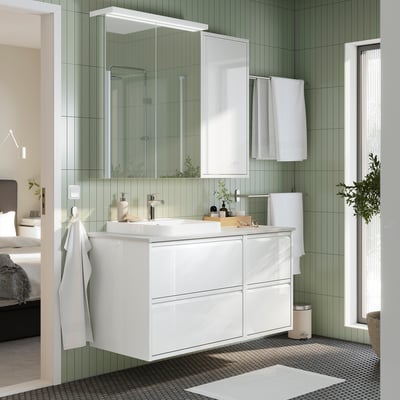 ÄNGSJÖN / BACKSJÖN Bathroom vanity with sink & faucet, high gloss white/white marble effect, 49x21 1/2x28 1/4 "