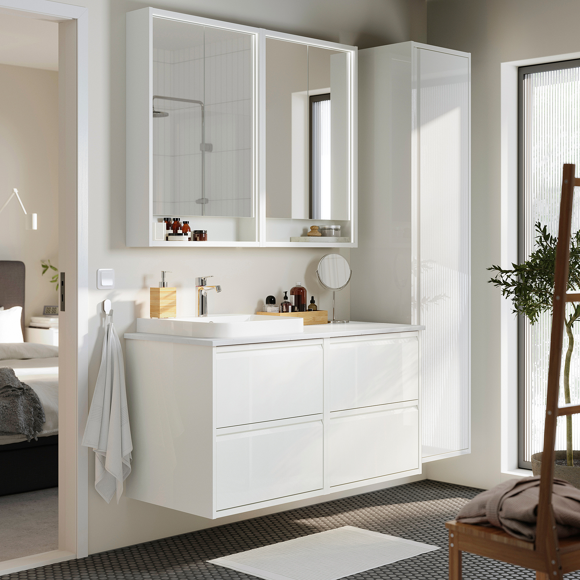 ÄNGSJÖN / BACKSJÖN Bathroom vanity with sink & faucet, high gloss white/white marble effect, 49x21 1/2x28 1/4 "
