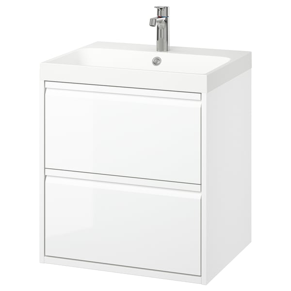 ÄNGSJÖN / BACKSJÖN Bathroom vanity with sink & faucet, high gloss white, 24 1/8x21x27 1/2 "