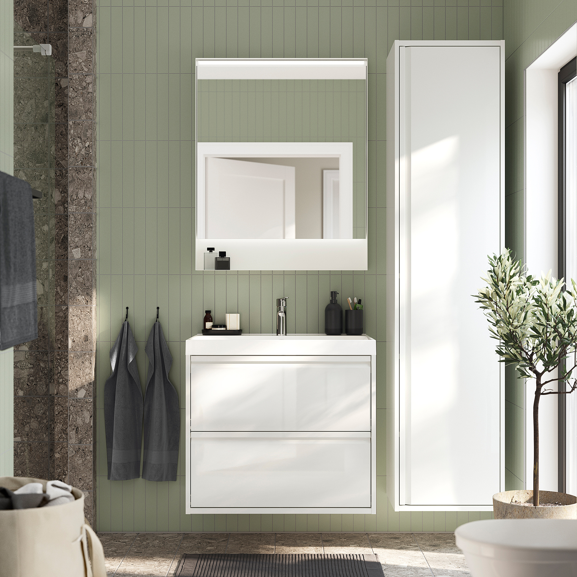 ÄNGSJÖN / BACKSJÖN Bathroom vanity with sink & faucet, high gloss white, 30 1/8x21x27 1/2 "