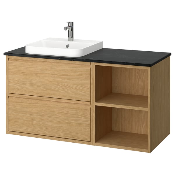 ÄNGSJÖN / BACKSJÖN Bathroom vanity with sink & faucet, oak effect/black marble effect, 49x21 1/2x28 1/4 "