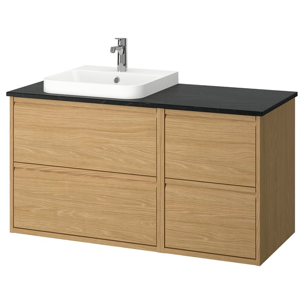 ÄNGSJÖN / BACKSJÖN Bathroom vanity with sink & faucet, oak effect/black marble effect, 49x21 1/2x28 1/4 "