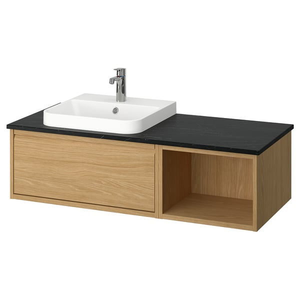 ÄNGSJÖN / BACKSJÖN Bathroom vanity with sink & faucet, oak effect/black marble effect, 49x21 1/2x16 1/4 "