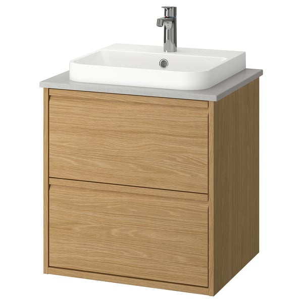 ÄNGSJÖN / BACKSJÖN Bathroom vanity with sink & faucet, oak effect/gray stone effect, 25x21 1/2x28 1/4 "