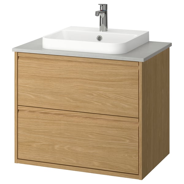 ÄNGSJÖN / BACKSJÖN Bathroom vanity with sink & faucet, oak effect/gray stone effect, 31x21 1/2x28 1/4 "