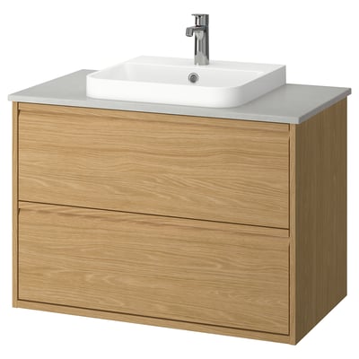 ÄNGSJÖN / BACKSJÖN Bathroom vanity with sink & faucet, oak effect/gray stone effect, 37x21 1/2x28 1/4 "