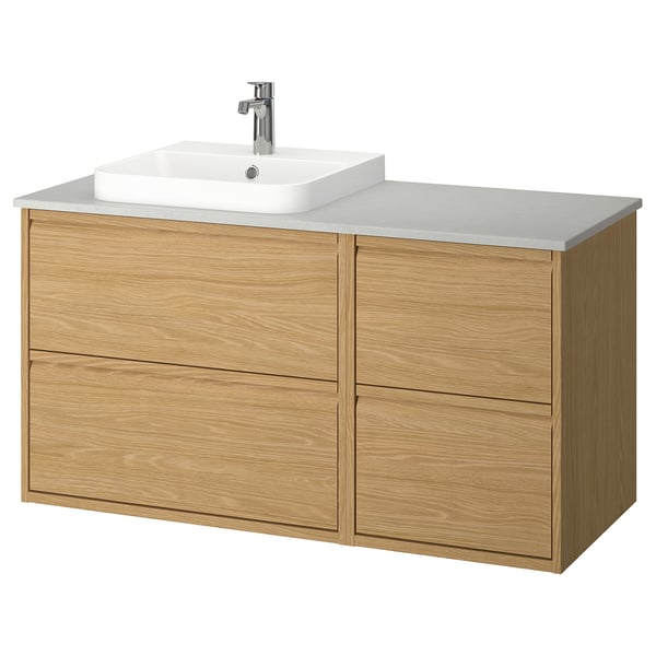 ÄNGSJÖN / BACKSJÖN Bathroom vanity with sink & faucet, oak effect/gray stone effect, 49x21 1/2x28 1/4 "