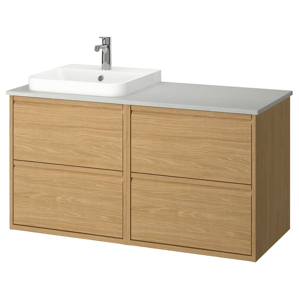 ÄNGSJÖN / BACKSJÖN Bathroom vanity with sink & faucet, oak effect/gray stone effect, 49x21 1/2x28 1/4 "